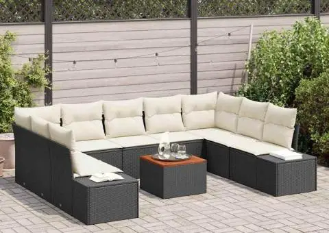 Set de canapele de grădină în 10 piese cu perne, Negru, Poly Rattan, Acacia - 3/5