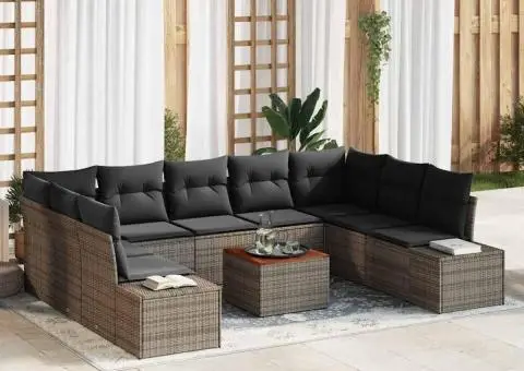 Set de canapea de grădină cu 10 piese, perne gri din rattan și lemn de acacia - 1/5