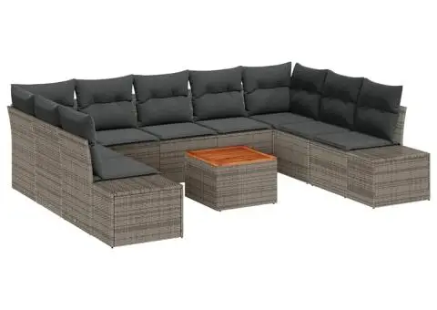 Set de canapea de grădină cu 10 piese, perne gri din rattan și lemn de acacia - 2/5