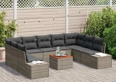 Set de canapea de grădină cu 10 piese, perne gri din rattan și lemn de acacia - 3/5