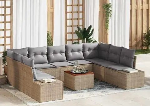 Set de canapele de grădină cu 10 piese, perne bej din ratan polimeric și acacia - 1/5