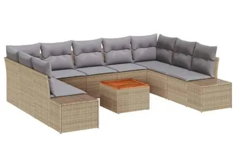 Set de canapele de grădină cu 10 piese, perne bej din ratan polimeric și acacia - 2/5