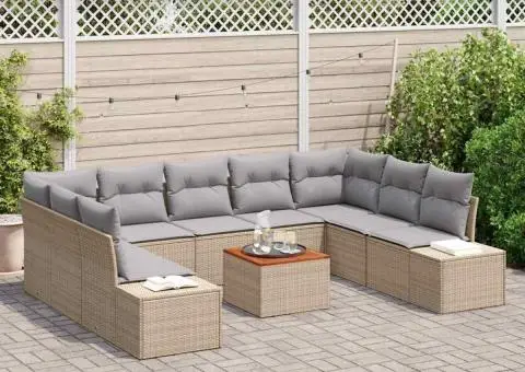 Set de canapele de grădină cu 10 piese, perne bej din ratan polimeric și acacia - 3/5