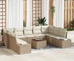 Set de canapele de grădină, 10 piese cu perne, bej, din rattan poliester, acacia