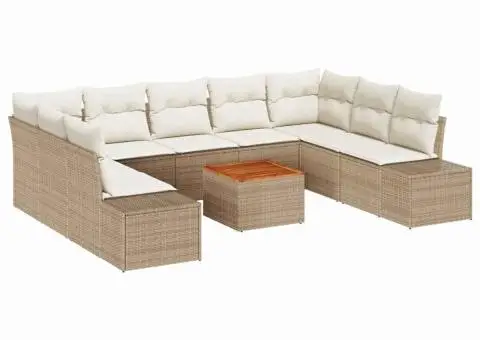 Set de canapele de grădină, 10 piese cu perne, bej, din rattan poliester, acacia - 2/5