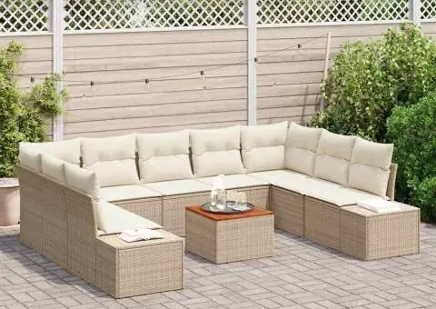 Set de canapele de grădină, 10 piese cu perne, bej, din rattan poliester, acacia - 3/5