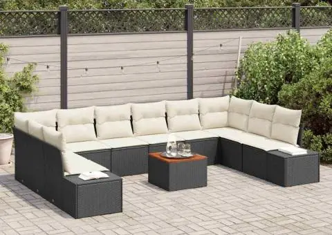 Set de Canapea pentru Grădină cu 11 Piese și Perne Negre, Rattan și Sticlă, Acacia - 1/5