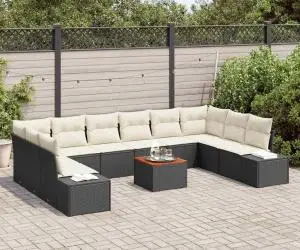 Set de Canapea pentru Grădină cu 11 Piese și Perne Negre, Rattan și Sticlă, Acacia