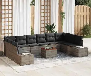 Set de canapea de grădină cu 11 piese și perne, gri, din ratan poly, acacia