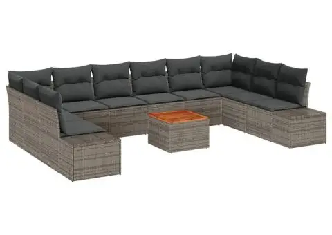 Set de canapea de grădină cu 11 piese și perne, gri, din ratan poly, acacia - 2/5