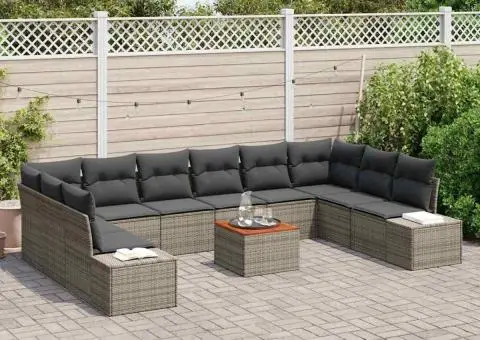 Set de canapea de grădină cu 11 piese și perne, gri, din ratan poly, acacia - 3/5