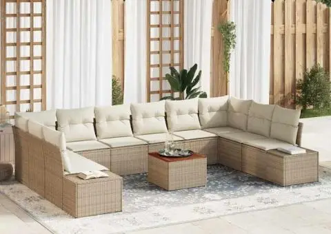 Set de Canapea pentru Grădină cu 11 Piese, Perne Bej, din Ratan și Poliester, Acacia - 1/5