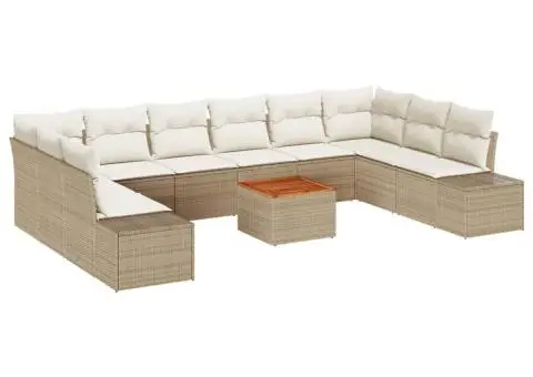 Set de Canapea pentru Grădină cu 11 Piese, Perne Bej, din Ratan și Poliester, Acacia - 2/5