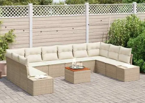 Set de Canapea pentru Grădină cu 11 Piese, Perne Bej, din Ratan și Poliester, Acacia - 3/5