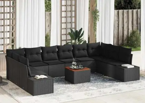 Set de canapea de grădină, 11 piese, cu perne, ratan negru, din lemn de acacia - 1/5