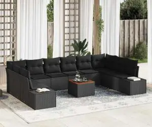 Set de canapea de grădină, 11 piese, cu perne, ratan negru, din lemn de acacia