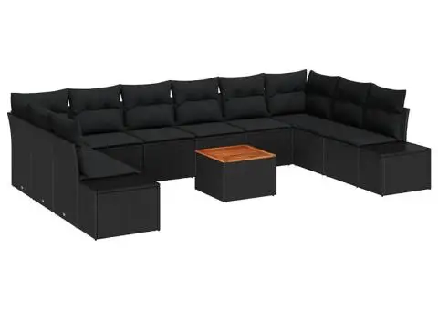 Set de canapea de grădină, 11 piese, cu perne, ratan negru, din lemn de acacia - 2/5