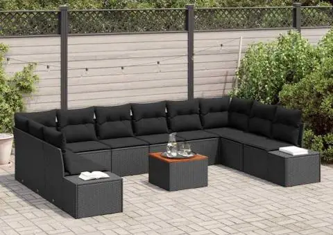 Set de canapea de grădină, 11 piese, cu perne, ratan negru, din lemn de acacia - 3/5