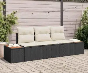 Set de canapea 3 piese cu perne Negru Poliratanu Acacia