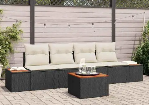 Set de Canapele pentru Grădină - 5 Piese, Negru, din Poly Rattan și Acacia - 1/5