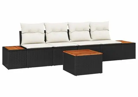 Set de Canapele pentru Grădină - 5 Piese, Negru, din Poly Rattan și Acacia - 2/5