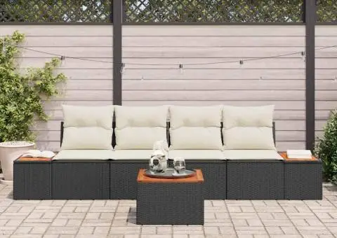 Set de Canapele pentru Grădină - 5 Piese, Negru, din Poly Rattan și Acacia - 3/5