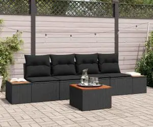 vidaXL Set Canapea Grădină 5 Piese cu Perne, Negru, Ratan Poli/Acacia
