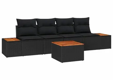 Set Canapea Grădină 5 Piese cu Perne, Negru, Ratan Poli/Acacia - 2/5