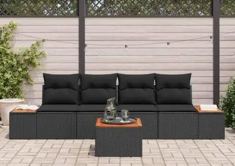 Set Canapea Grădină 5 Piese cu Perne, Negru, Ratan Poli/Acacia - 3/5