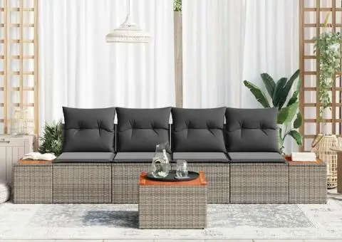 Set canapele grădină 5 piese cu perne gri din ratan și acacia - 3/5