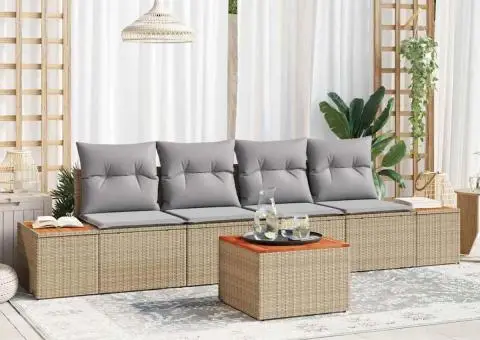 Set de canapele pentru grădină , 5 piese + perne, Bej, Rattan sintetic, Acacia. - 1/5