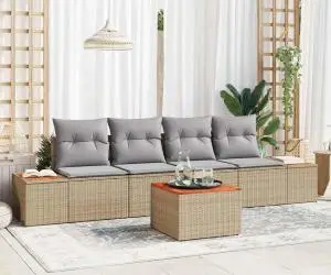 Set de canapele pentru grădină , 5 piese + perne, Bej, Rattan sintetic, Acacia.