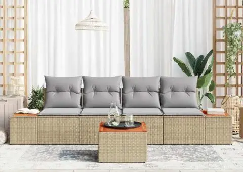 Set de canapele pentru grădină , 5 piese + perne, Bej, Rattan sintetic, Acacia. - 3/5