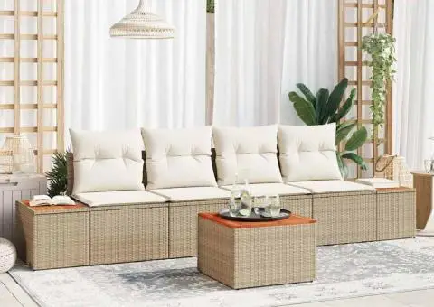 Set canapea de grădină modular cu 5 piese și perne, bej, din poliratan și acacia - 1/5