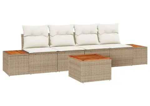 Set canapea de grădină modular cu 5 piese și perne, bej, din poliratan și acacia - 2/5