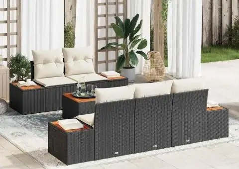 Set canapea grădină 6 piese cu perne, negru, rattan poli, acacia - 1/5