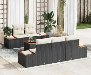 Set canapea grădină 6 piese cu perne, negru, rattan poli, acacia
