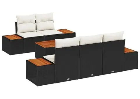 Set canapea grădină 6 piese cu perne, negru, rattan poli, acacia - 2/5