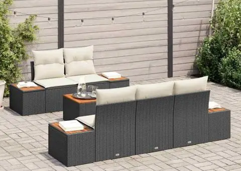 Set canapea grădină 6 piese cu perne, negru, rattan poli, acacia - 3/5