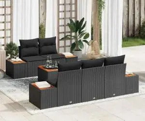 Set de canapea de grădină: 6 piese și perne, din rattan poliuretanic negru și acacia