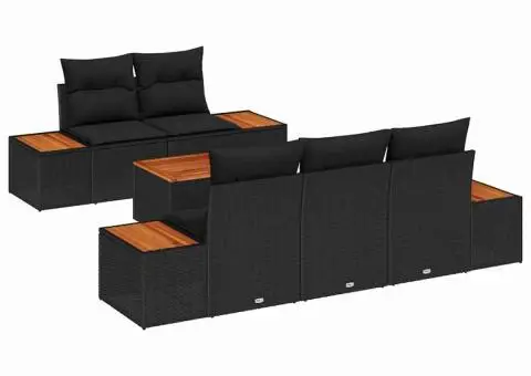 Set de canapea de grădină: 6 piese și perne, din rattan poliuretanic negru și acacia - 2/5