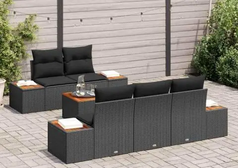 Set de canapea de grădină: 6 piese și perne, din rattan poliuretanic negru și acacia - 3/5