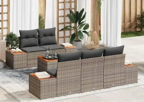 Set canapele de grădină cu 6 piese și perne, gri, din rattan poli și acacia - 1/5