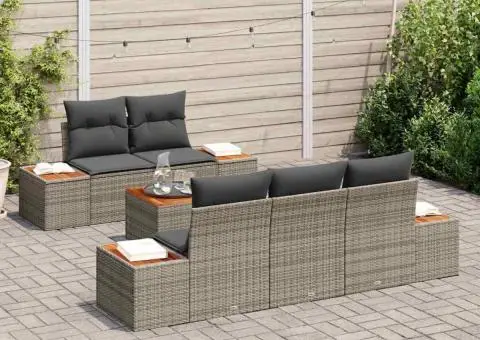 Set canapele de grădină cu 6 piese și perne, gri, din rattan poli și acacia - 3/5