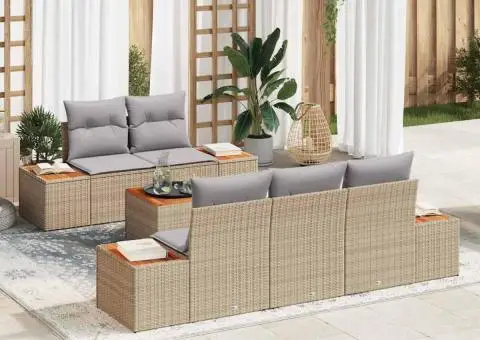 Set de canapea pentru grădină, 6 piese, cu perne, bej, din rattan sintetic și acacia - 1/5