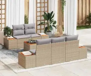 Set de canapea pentru grădină, 6 piese, cu perne, bej, din rattan sintetic și acacia