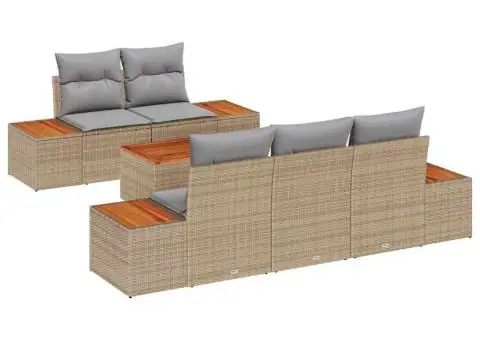 Set de canapea pentru grădină, 6 piese, cu perne, bej, din rattan sintetic și acacia - 2/5