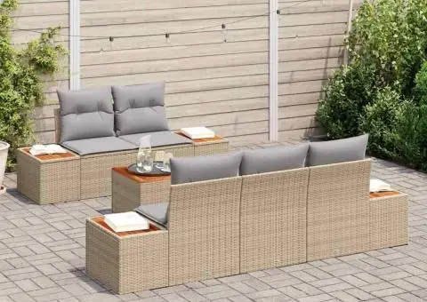 Set de canapea pentru grădină, 6 piese, cu perne, bej, din rattan sintetic și acacia - 3/5