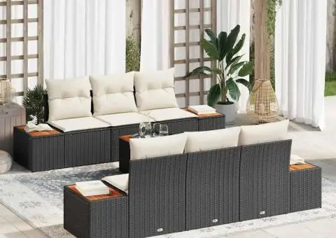 Set de canapele de grădină 7 piese cu perne, negre, din rattan poliesteric și lemn de acacia - 1/5