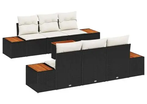 Set de canapele de grădină 7 piese cu perne, negre, din rattan poliesteric și lemn de acacia - 2/5